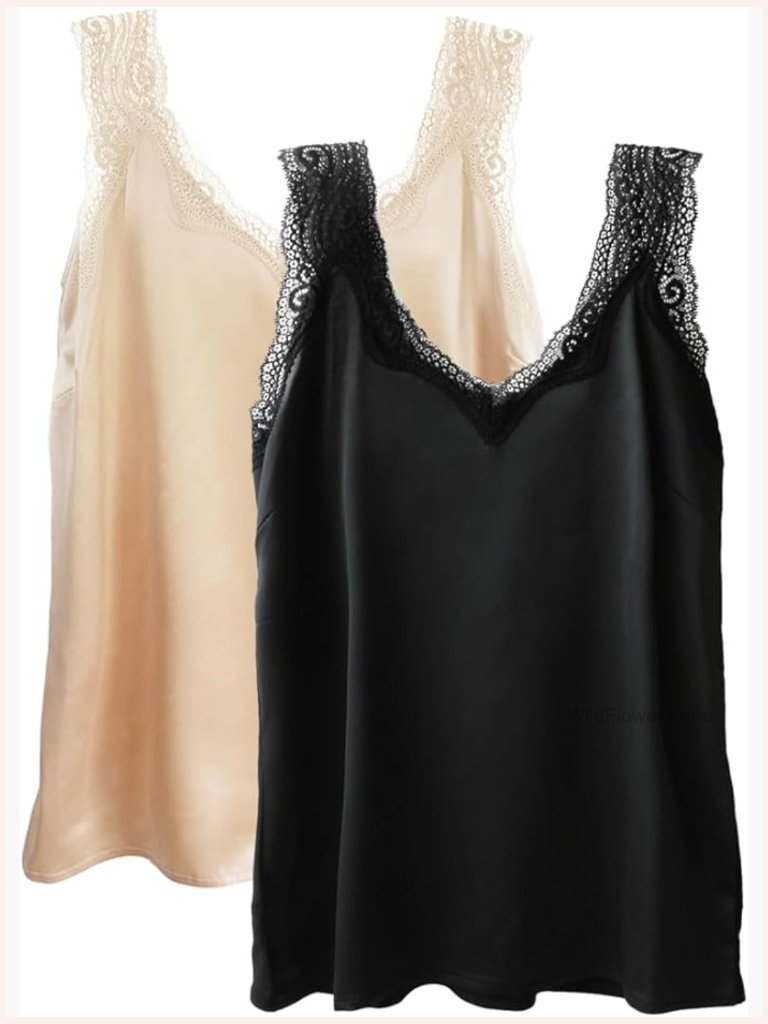 Satin Camisole Lace Straps Tank Top V-Neck Silk Cami Tanks 2-Pack